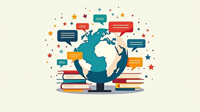 World Language Day: Global Education Concept with Books, Earth, and Communication Icons