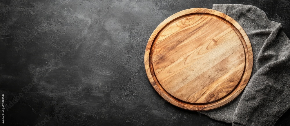 Leinwandbilder empty wooden plate on a black table with a napkin round pizza tray on a dark wooden surface cutting 