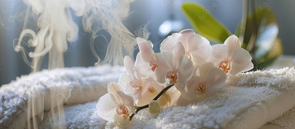 Aufkleber close up of an air humidifier towel and orchid flower concept of aromatherapy wellness and health. w