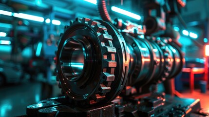 Fototapeta premium Rear oil seal of crankshaft on engine repair stand in auto repair shop