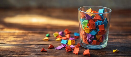 Vibrant paper pieces for a lottery are in a glass vase on a wooden table Area for text. with copy space image. Place for adding text or design