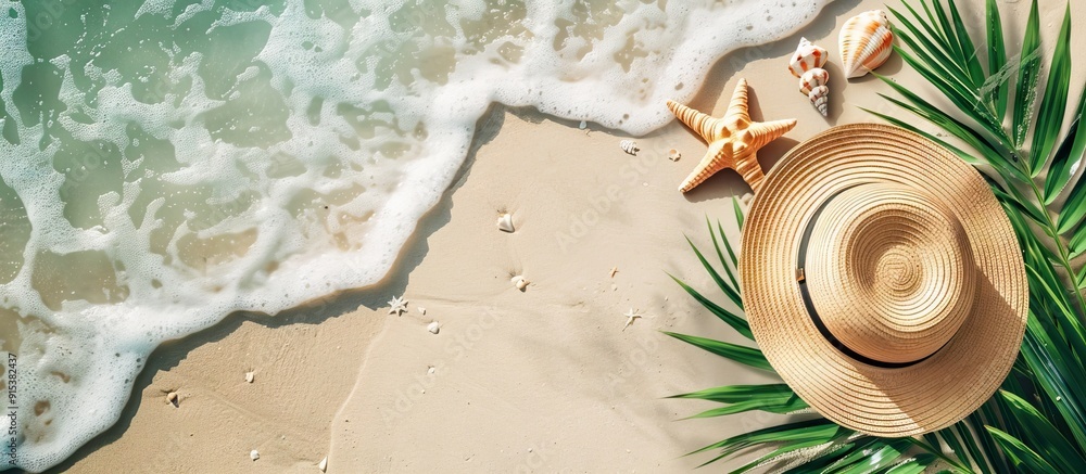 Aufkleber straw beach hat ocean shell and green palm leaf on a white summer background with copy space flat la