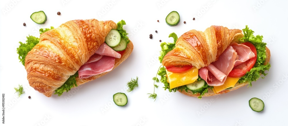 Poster delicious croissant sandwich featuring fresh ham cheese tomato cucumber and lettuce alongside a sub 