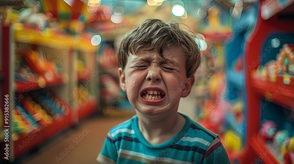 Wall mural Portrait of a crying child in a toy store 