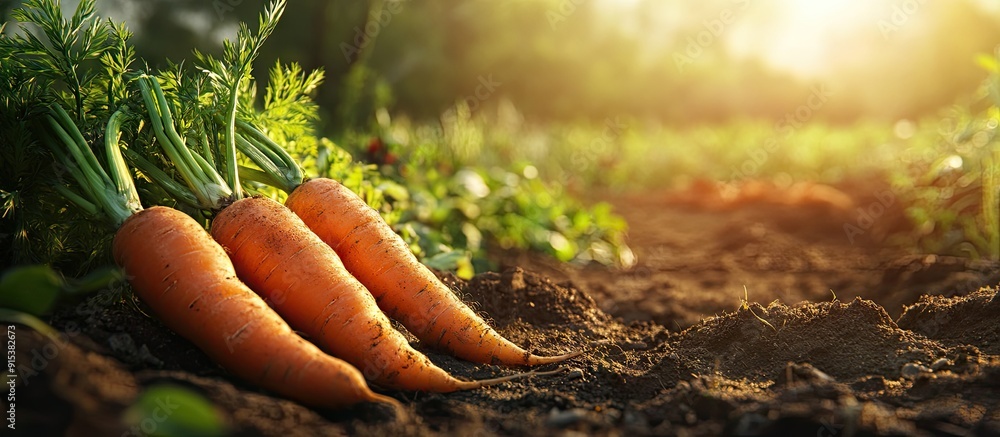 Poster harvest mature carrots in the garden with a backdrop of the carrot field. with copy space image. pla
