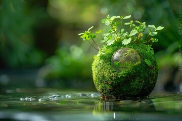 Green ball decorated with natural elements. Leaves, water drops and sunlight symbolizing life. Represents the fragile balance of the Earth's ecosystems. Emphasizes the beauty and fragility of nature