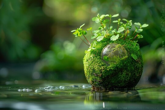 Green ball decorated with natural elements. Leaves, water drops and sunlight symbolizing life. Represents the fragile balance of the Earth's ecosystems. Emphasizes the beauty and fragility of nature