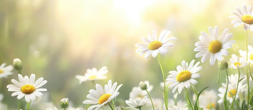 Daisies on a meadow background with white flower blossoms margarite style featuring copy space