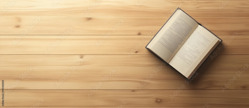 Poster top view of a book placed on a light brown wooden table. with copy space image. Place for adding text or design