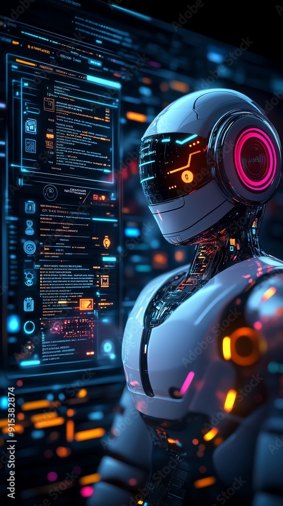 Aufkleber futuristic robot with neon lights and digital interface.