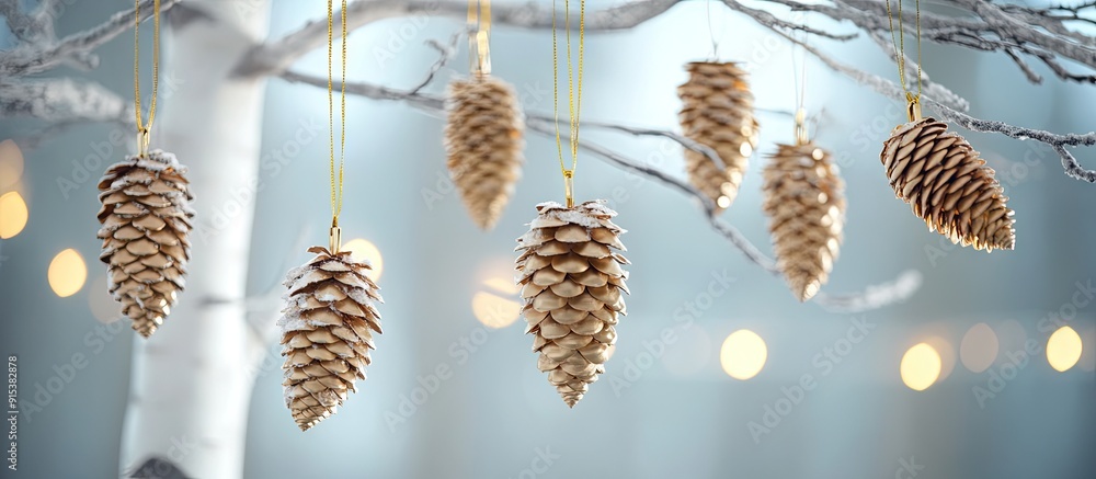 Poster Environmental themed Christmas tree with golden cones suspended from white birch branches. with copy space image. Place for adding text or design