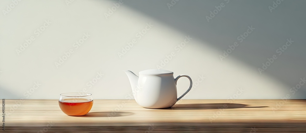 Poster cup of hot tea next to a white pot on a wooden table. with copy space image. place for adding text o