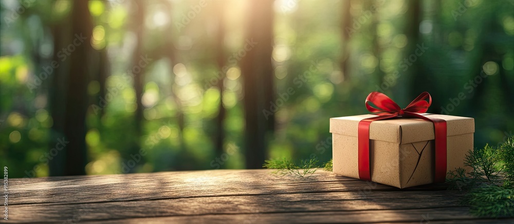 Poster Gift box on wood with a forest backdrop. with copy space image. Place for adding text or design