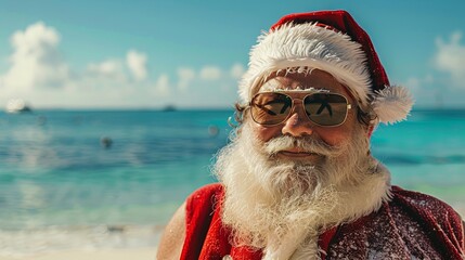 Portrait of Santa Claus against the background of the ocean