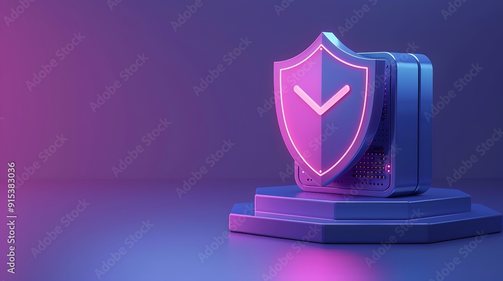 Poster 3d illustration of a technology security concept featuring a glowing shield icon on a computer serve