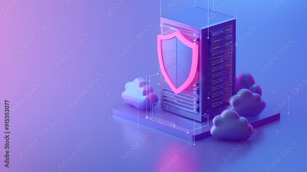 Poster 3d illustration of cyber security with a glowing shield over server computer surrounded by clouds. d