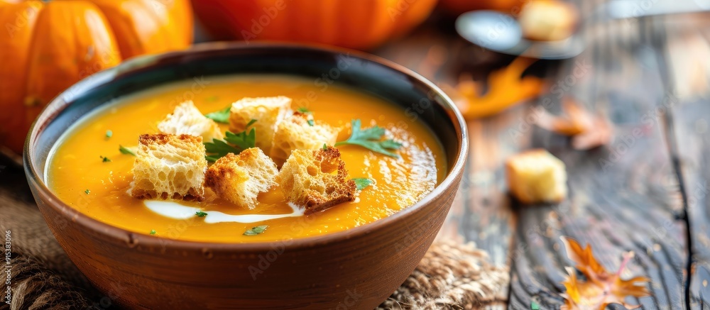 Poster tasty pumpkin soup topped with thick cream on a dark rustic wooden table accompanied by croutons sid