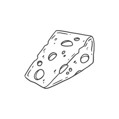 Cheese in sketch style, black and white illustration. Slice of cheese isolated on white. Vector illustration