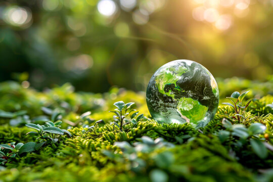Green ball decorated with natural elements. Leaves, water drops and sunlight symbolizing life. Represents the fragile balance of the Earth's ecosystems. Emphasizes the beauty and fragility of nature