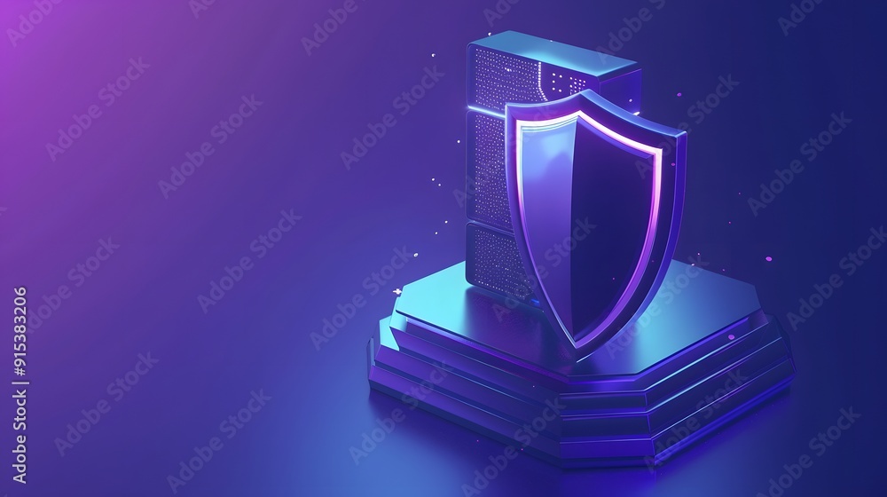 Poster 3d illustration of cybersecurity concept showing a server with a shield symbolizing data protection,