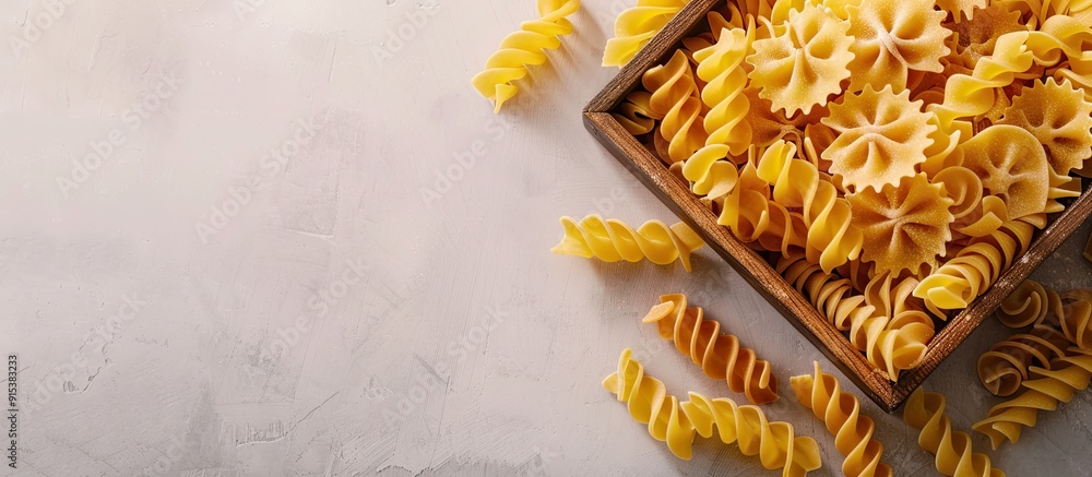 Aufkleber assorted pasta in a wooden box top view flat lay featuring copy space