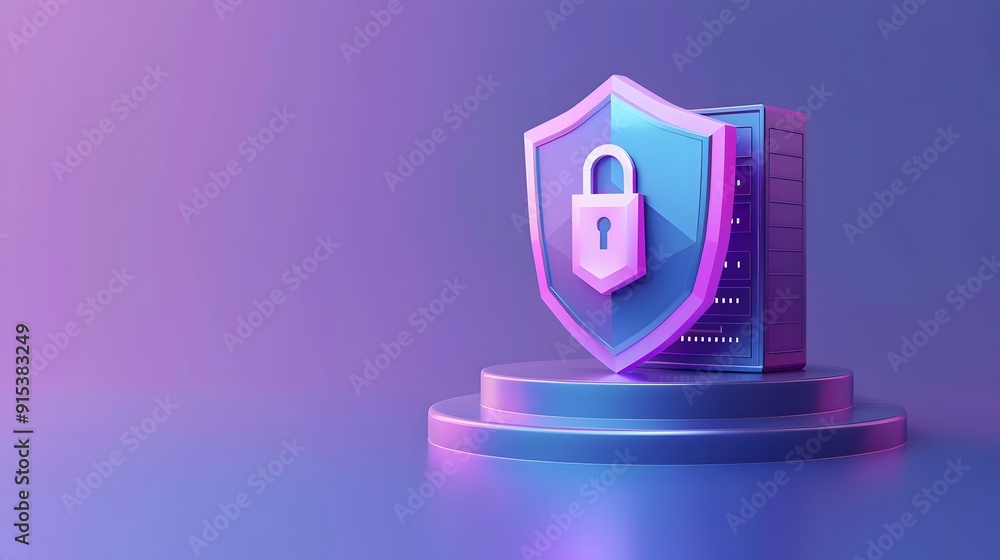 Poster 3d illustration of cybersecurity with a shield and server, representing data protection and internet