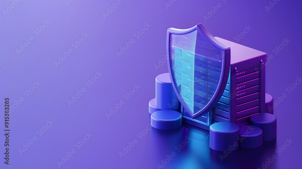 Poster 3d illustration of data security concept with a shield and server on a purple background representin