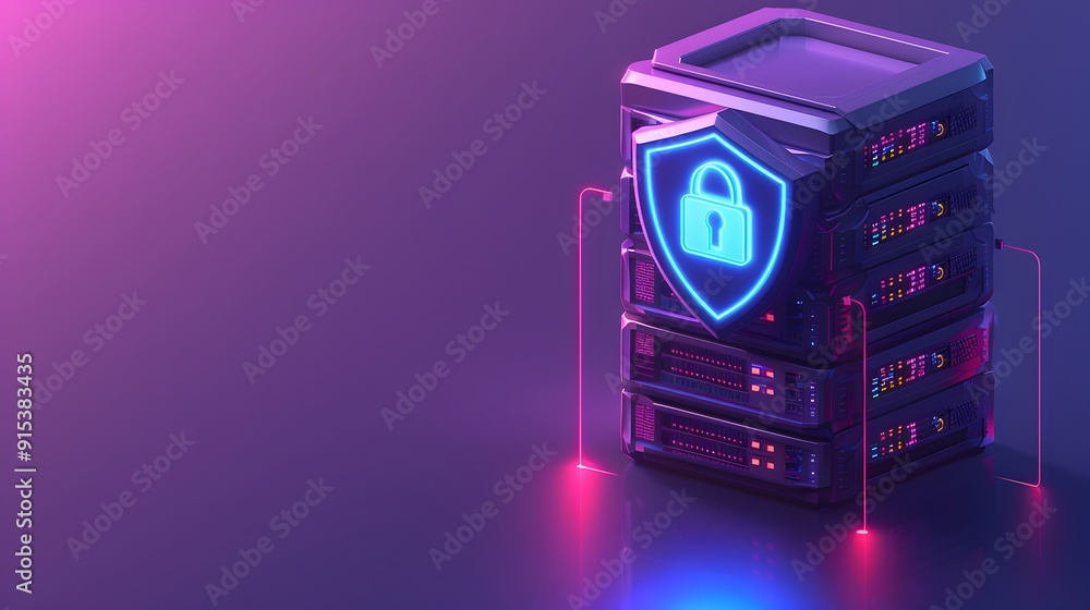 Poster 3d illustration of server racks with a glowing shield lock icon, symbolizing data security and prote