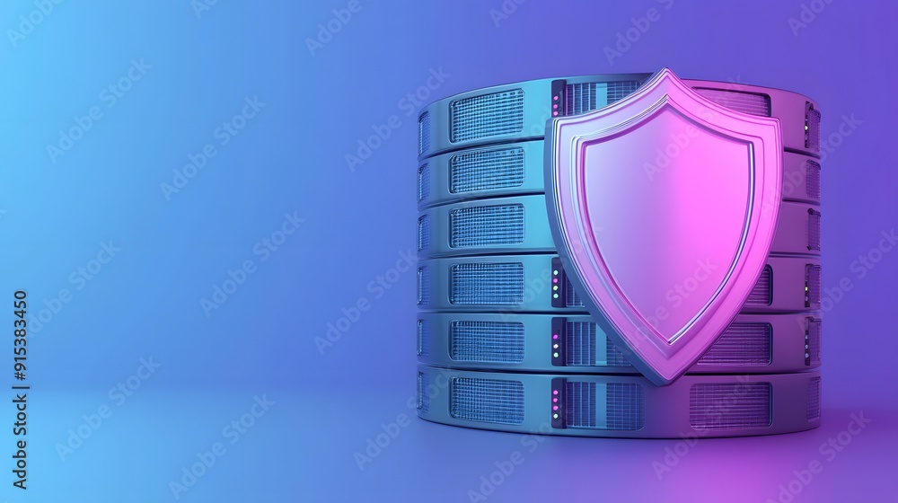 Poster 3d illustration of server racks with a shield for data protection, symbolizing cybersecurity and saf