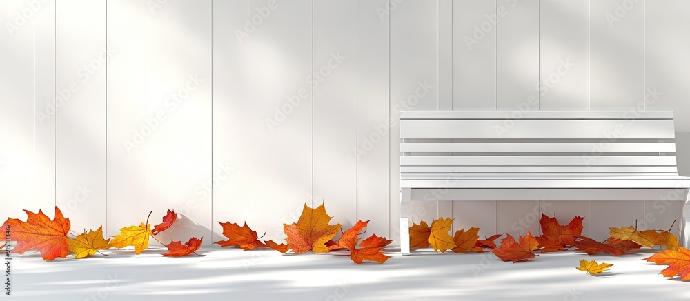 Aufkleber fallen autumn leaves rest on a white bench autumn theme. with copy space image. place for adding tex