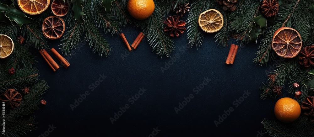 Poster New Year s dark background featuring Christmas tree branches along with sweet candy dried citrus and cinnamon sticks. with copy space image. Place for adding text or design