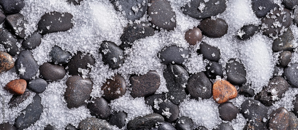 Aufkleber Texture of small stones with snow Background of pebbles and ice Abstract backdrop texture pattern frame area for text copy space
