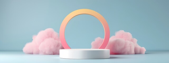 White Circular Podium in Dreamy Sky with Pink Clouds
