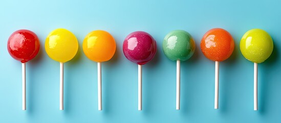 Colorful candies and a lollipop against a vibrant background presented in a multicolored minimal style top view. with copy space image. Place for adding text or design