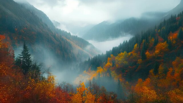 A stunning view of a misty mountain valley filled with vibrant autumn colors as the sun rises, illuminating the landscape and creating a peaceful atmosphere
