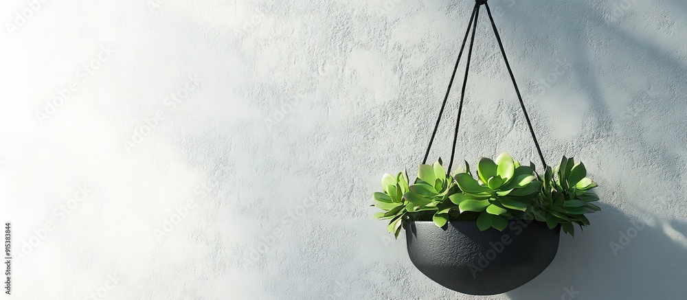Poster a hanging planter with a succulent on a white concrete wall. with copy space image. place for adding