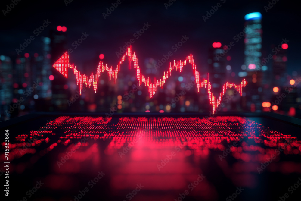 Poster a stock market graph with an arrow pointing upwards, indicating growth and progress in the business 