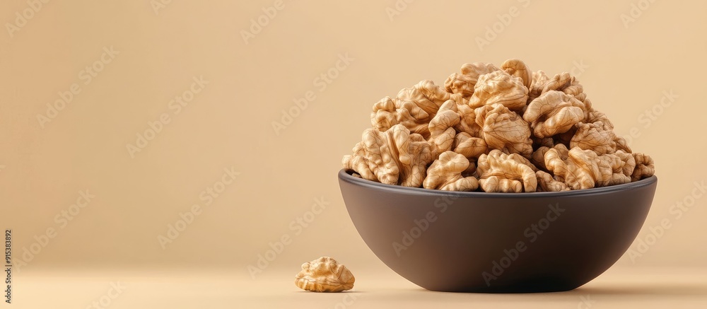 Poster Bowl of large organic walnuts with a beige background. with copy space image. Place for adding text or design