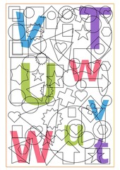 A printed sheet of a workbook with the letters of the alphabet.  Find and color it. Training for children. A sheet for printing.  Vector illustration. A sheet with answers, a hint.