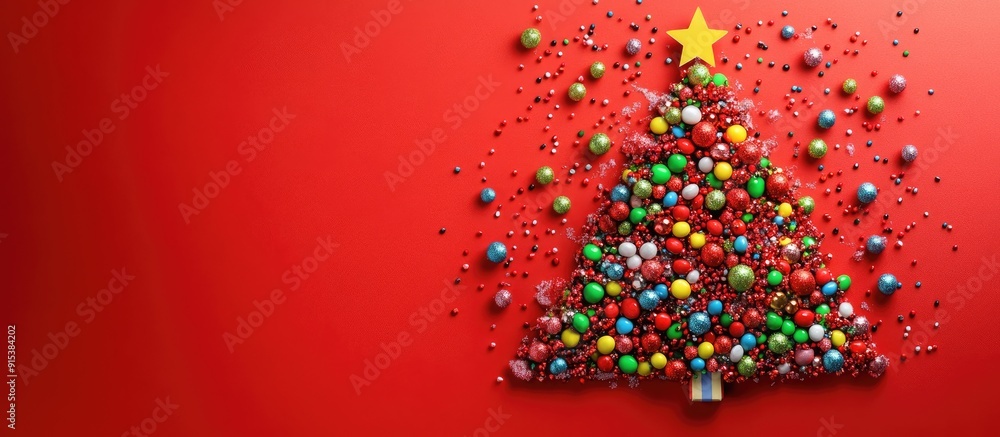 Poster Christmas tree shape created with scattered multicolored candy toppings on red paper Festive background Copyspace top view