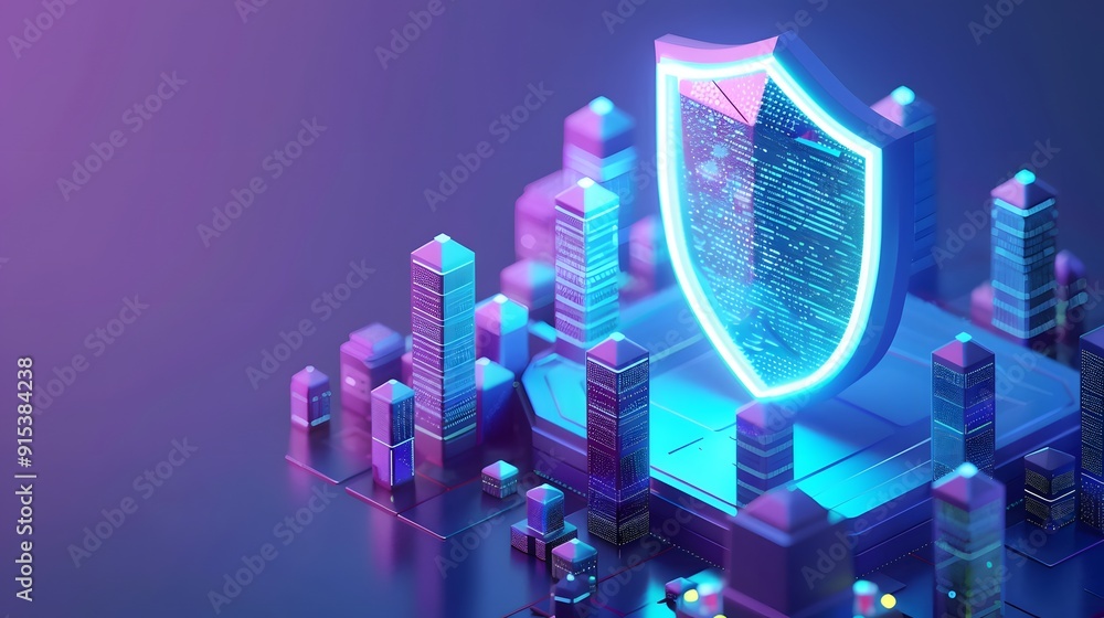Aufkleber 3d rendering of a glowing shield symbolizing cybersecurity amidst futuristic buildings, emphasizing 