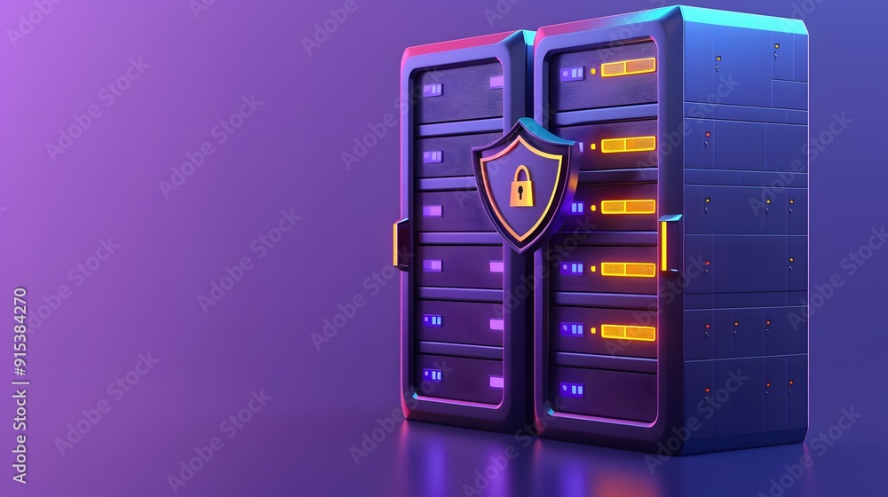 Poster 3d rendering of a secure server rack with a padlock symbol, highlighting data protection and cyberse