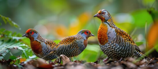 A pair of Rufous throated Partridge Arborophila rufogularis birds strolling together with selective focus. with copy space image. Place for adding text or design