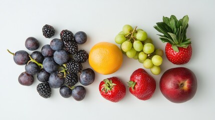 Food photography of assorted fruits and vegetables on a white background, highlighting their natural colors and freshness.