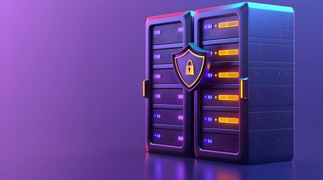 3D rendering of a secure server rack with a padlock symbol, highlighting data protection and cybersecurity on a purple background.