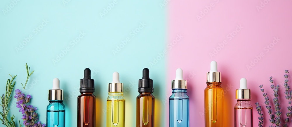 Aufkleber Flat lay arrangement featuring bottles of essential oil and text space on a colored background. with copy space image. Place for adding text or design