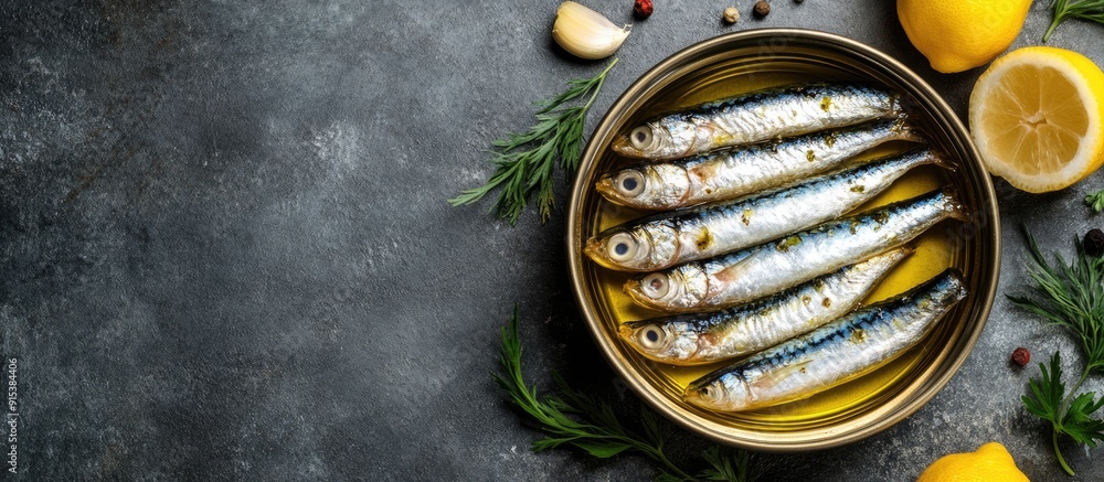Aufkleber pickled salted anchovy fillets in oil inside an open tin can on a grey spotted background flat lay c