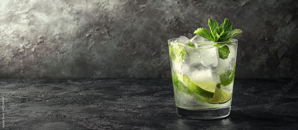 Poster mojito cocktail featuring lime ice cubes and mint in a glass on a black rustic table mojito set agai
