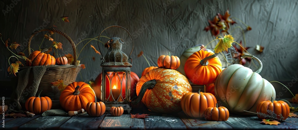Fototapete a variety of small pumpkins on a dark background next to a lit lantern. with copy space image. place