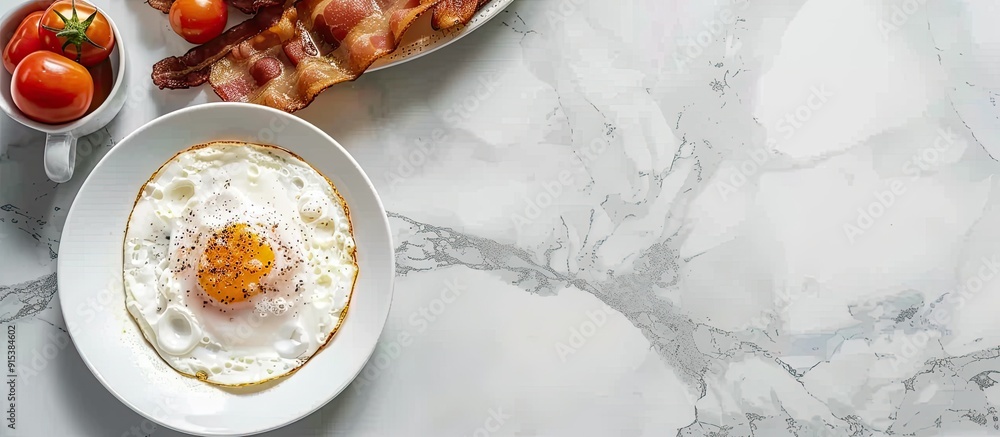 Aufkleber english breakfast egg and fried bacon a cup of tomatoes breakfast served on a marble table fried egg